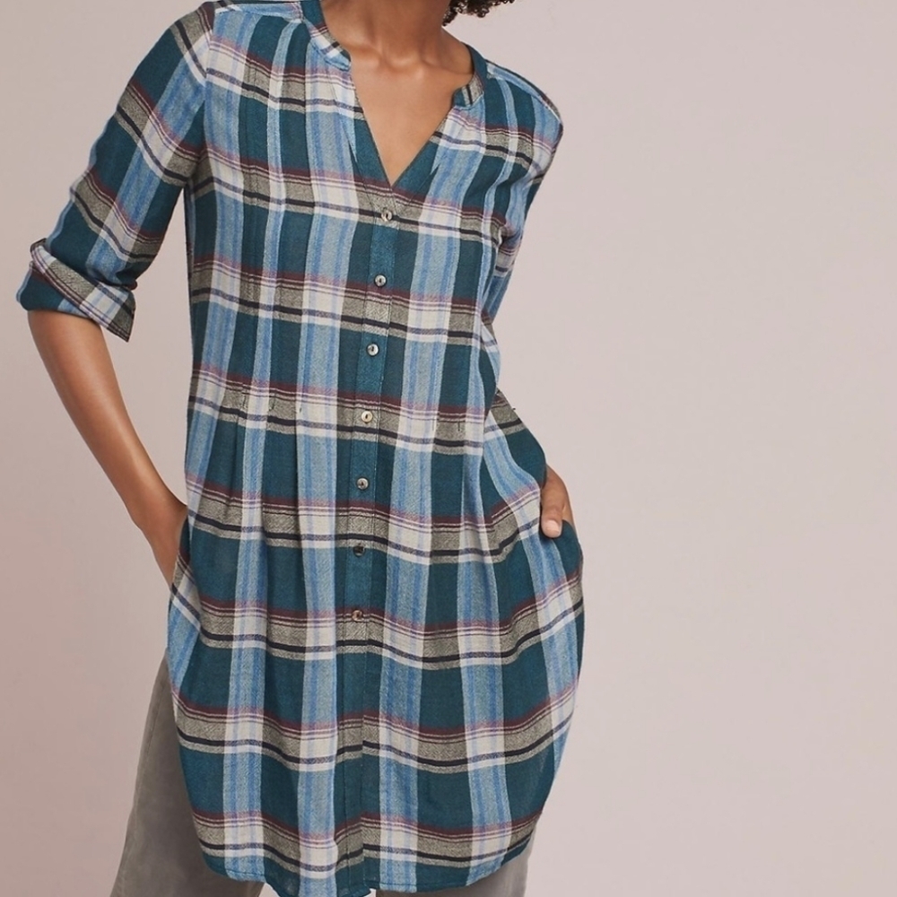 Anthropology Akemi+Kin Lucie Plaid Long Line Wool Blend Boho Fall Tunic Sz S